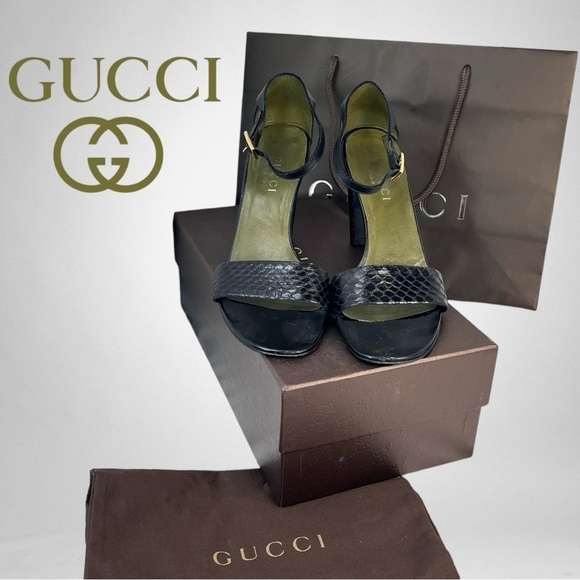 GUCCI Black Leather Snake Embossed Open Toe Ankle Strap Heels  Size 8 - Picture 1 of 15